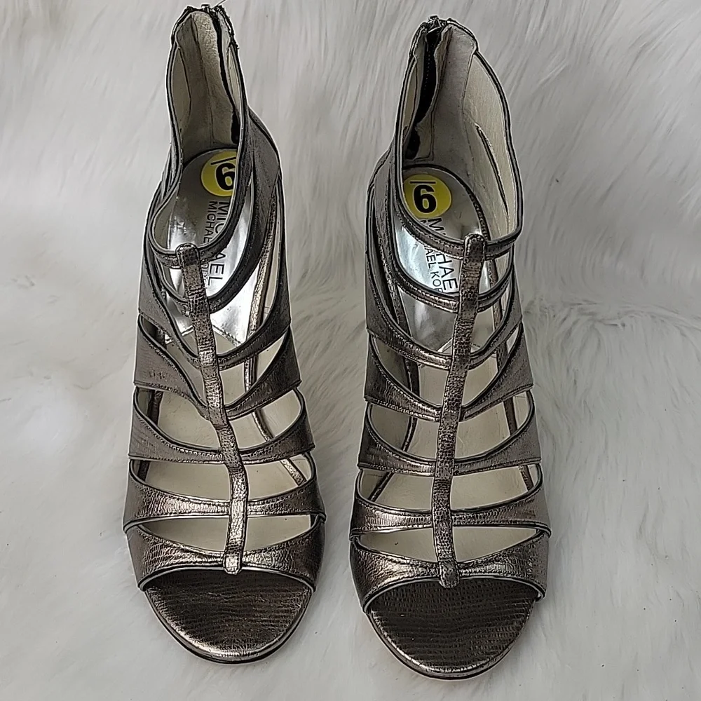 MICHAEL KORS Silver‎ Gold Metallic Party Embossed Open Toe Formal Prom Zip Heels